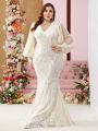 SHEIN Belle Plus Size Embroidered Beaded Dress With Bubble Sleeves And Fish Tail Hemline For Evening Party