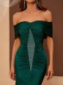 SHEIN Belle Off Shoulder Rhinestone Detail Formal Dress