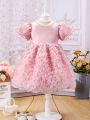 SHEIN Kids CHARMNG Young Girls' Romantic Party Puff Sleeve Dress With 3d Flowers, Summer
