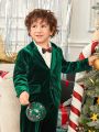 SHEIN Young Boy Single Breasted Velvet Blazer & Pants & Bow Tie Shirt