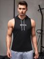 Men Colorblock Letter Graphic Drawstring Hooded Sports Tank Top