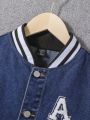 SHEIN Tween Boy Letter Patched Striped Trim Colorblock Denim Varsity Jacket Without Tee