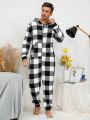Men Buffalo Plaid Print Hooded Flannel Sleep Onesie