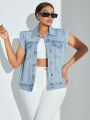 SHEIN Privé Plus Size Denim Jacket With Flap Pockets And Vest Design