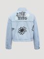 Teen Girl Floral & Slogan Graphic Flap Pocket Denim Jacket