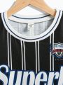 SHEIN Kids SPRTY Tween Boys' Loose Fit Sports Round Neck Knit Vest With Letter & Stripe Pattern