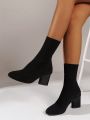 Women's Knit Boots, Christmas 2023 New Mid-calf High-heel Black Fashionable Boots, Women's Autumn Winter Unique Heel Ankle Boots To Look Taller And Slimmer, Women's Short Boots, Black Friday Activity Boots For Women's Holiday Season Style