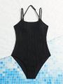 Solid Texture One Piece Swimsuit For Teen Girls
