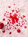 PETSIN Valentine's Day 1pc Pink Love Heart & Red Bow Design Cute Printed Pet Dress For Cats And Dogs With Short Sleeves