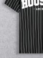 SHEIN Teen Boys' Casual Loose Fit Striped Short Sleeve T-Shirt With Letter Print