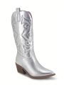 Women's Embroidery Design Anti-slip Thick Heel Cowboy Boots With Pointed Toe, Fashionable Side Zipper Outdoor Boots For Parties And Holidays In Spring And Autumn