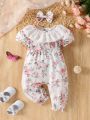 Baby Girls' Summer New Floral Print Short Sleeve Romper With Ruffle Collar And Headband