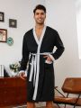 Men Contrast Trimmed Dual Pockets Belted Robe