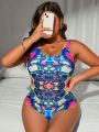 SHEIN Swim BohoFeel Women'S Plus Size Printed Round Neck Backless One Piece Swimsuit