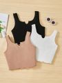 SHEIN Teenage Girls' Knitted Tank Top Set With Notch Neckline, 3pcs