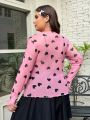 SHEIN Qutie Plus Size Women's Pink Sheer Mesh Top With Heart Pattern