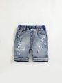 SHEIN Little Boys' Elastic Waist Asymmetric Ripped Denim Shorts