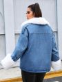 SHEIN ICON Plus Size Fuzzy Collar & Cuff Denim Jacket