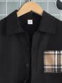 SHEIN Tween Boys' Plaid Patchwork Long Sleeve Shirt