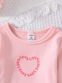 Three-Piece Set Of Long-Sleeved Tops With Heart Letter Pattern For Baby Girls