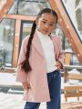 SHEIN Kids Cooltwn Young Girl Pearls Beaded Lapel Neck Overcoat