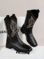 Women's Embroidered Pu Leather Boots, 2023 New Mid-calf Boots With Western Style, Decorated For Outdoor Vacation & Autumn/winter Season
