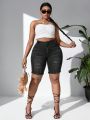 SHEIN VCAY Women's Plus Size High Waist Irregular Ripped Tight Denim Shorts With College Style