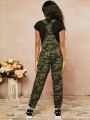 Girls Camo Print Pocket Drawstring Waist Jumpsuit