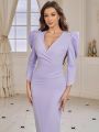 SHEIN Belle Adult Bridesmaid Dress With V-Neck, Leg-Of-Mutton Sleeve And Back Slit