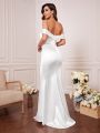 Off Shoulder Ruched Split Thigh Satin Wedding Dress