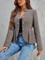 Herringbone Pattern Button Front Peplum Jacket