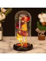 Colored Roses Ornaments 3 Flowers Glass-Covered Gold-Leaf Artifical Roses Luminous Led Night Light Creative Valentine Day Gifts, Red Floweron black background