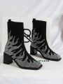 Women's Flame Embroidery Decor Knitted Boots, 2023 Christmas New Mid-calf Boots, Autumn Winter Leopard Print Bare Boots For Heightening And Slimming, Halloween Bare Boots, Black Friday Event Boots, Fashionable Boots For Women's Holiday Season