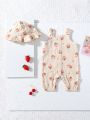 SHEIN 2pcs/Set Baby Girls' Cute Cartoon Strawberry Printed Sleeveless Romper With Headband, Summer