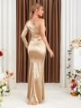 One Shoulder Ruched Split Thigh Satin Bridesmaid Dress