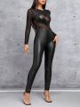SHEIN PETITE Women's Tight-fitting Jumpsuit With Pu And Mesh Patchwork