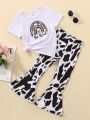Little Girls' Fashion Leopard Print Rainbow Heart Pattern Printed Short Sleeve T-Shirt And Flared Pants Outfit