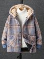 SHEIN Kids Academe Tween Boy 1pc Plaid Dual Pocket Contrast Teddy Hooded Overcoat