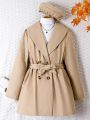 Teen Girl Double Breasted Belted Overcoat & Hat