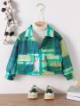 Young Girl 1pc Plaid Print Flap Pocket Overcoat