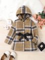 SHEIN Kids FANZEY Young Girl Plaid Print Hooded Belted Overcoat