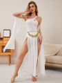 One Shoulder Jumpsuit + High Slit Mesh Skirt + 1pair Arm Sleeves + Waist Chain Costume Set