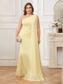 SHEIN Belle Women's Plus Size Bridesmaid Dress With One Shoulder, Chiffon Fabric, Sequin Embellishment, Waist Pleating