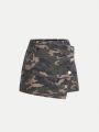 SHEIN Tween Girls' Camouflage Pattern Denim Skort With Asymmetrical Hem