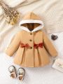 Baby Girl Contrast Trim Bow Front Fold Pleated Detail Hooded Overcoat