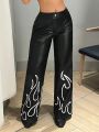 SHEIN ICON Flame Print Pu Leather Pants
