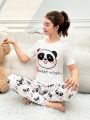 Teen Girls' Cute Panda & Letter Print Tight Homewear Set 2pcs