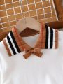 Little Girls' Contrast Color Striped Collar Pullover Sweater & Pleated Skirt Set