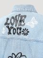 Teen Girl Floral & Slogan Graphic Flap Pocket Denim Jacket