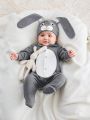 SHEIN Baby Boy Cartoon Graphic 3D Ear Design Footed Jumpsuit & Hat